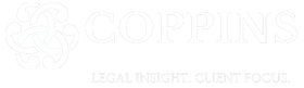 The logo for coppins law group , pllc is white.