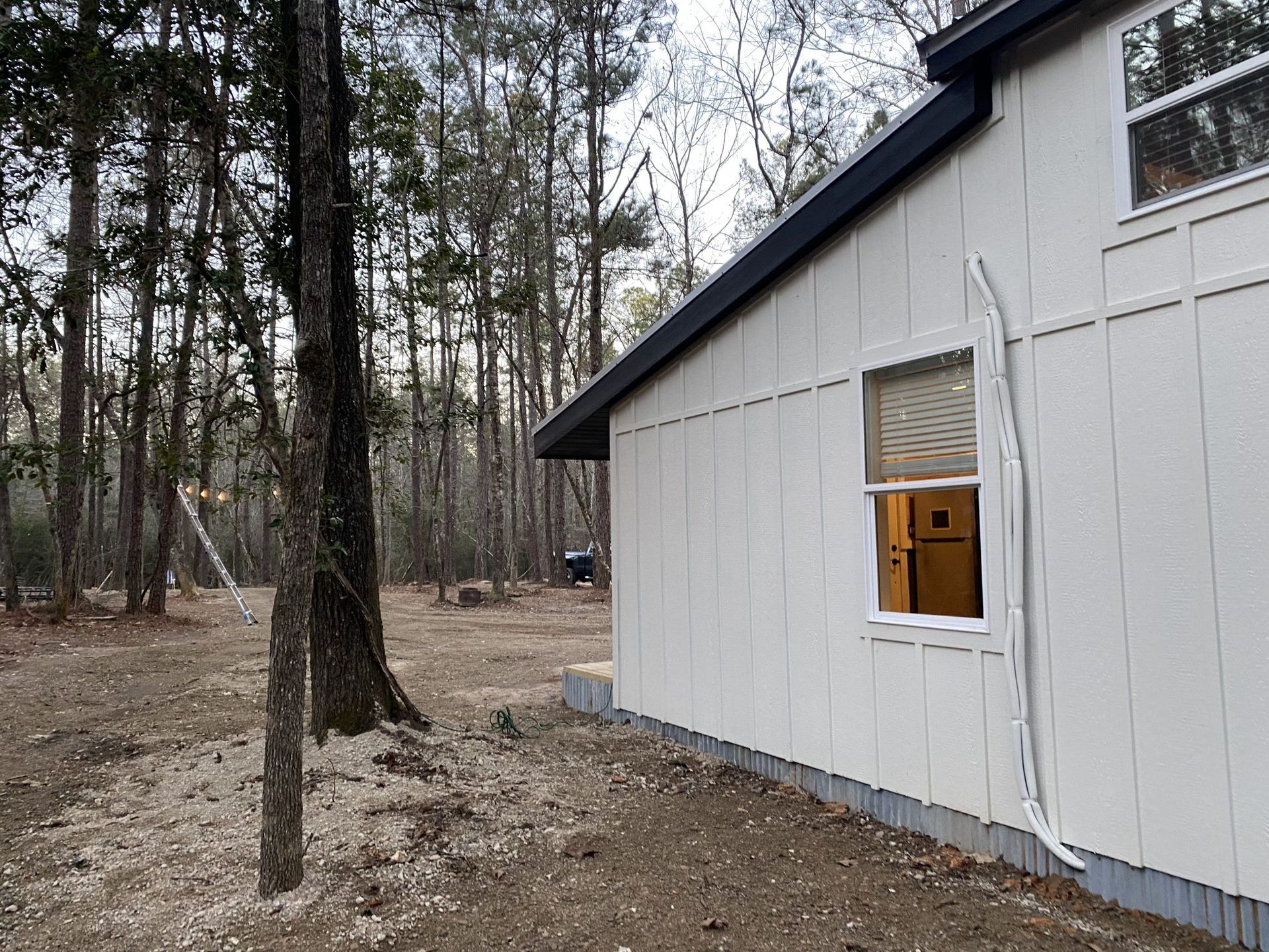 A white house with a window in the backyard is surrounded by trees.