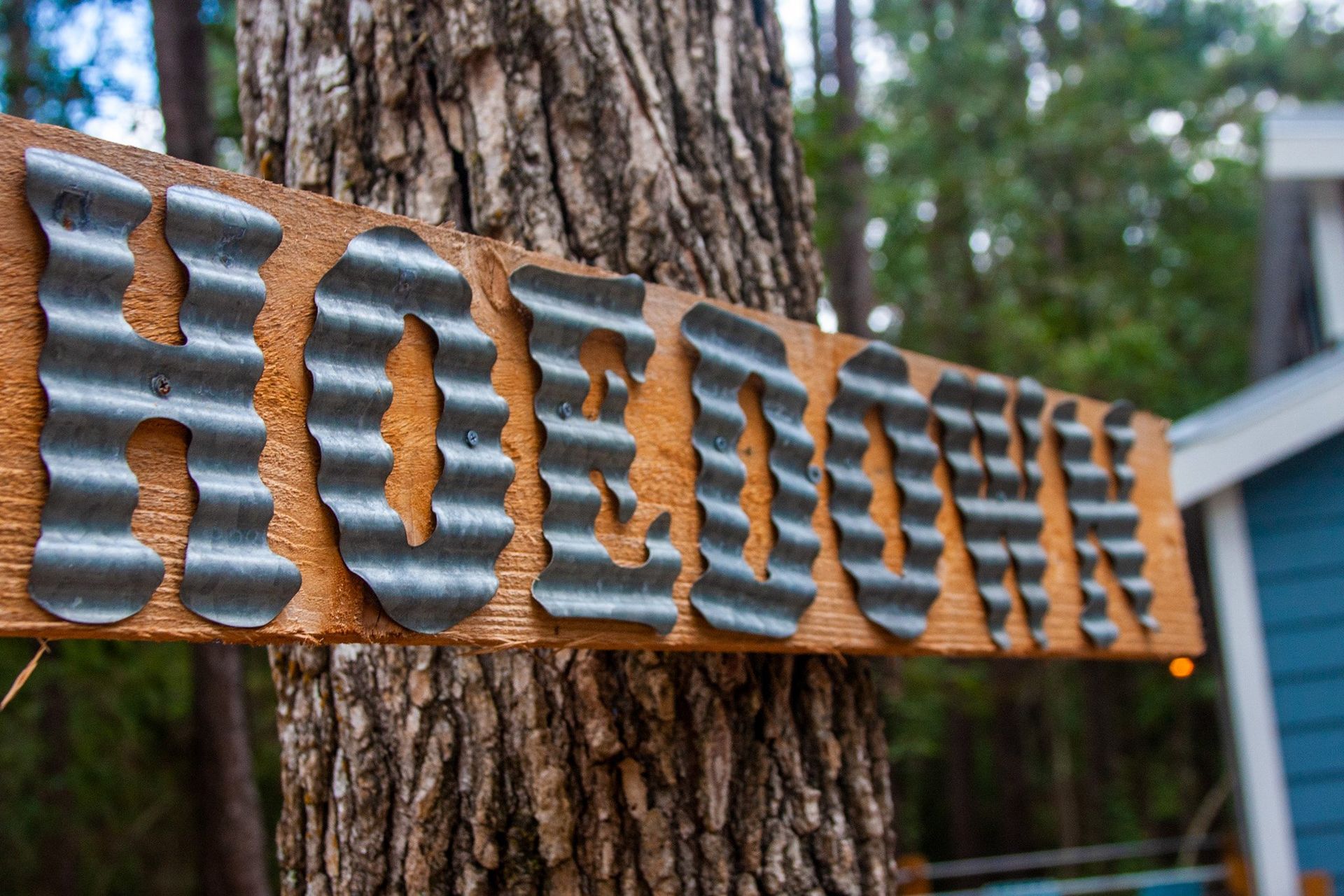 A wooden sign is sitting on a tree in front of a blue house.