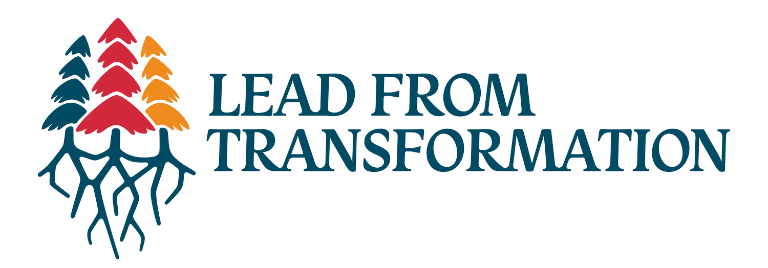 A logo for lead from transformation with trees and people holding hands