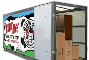 Person in blue uniform carrying cardboard boxes from a vehicle.