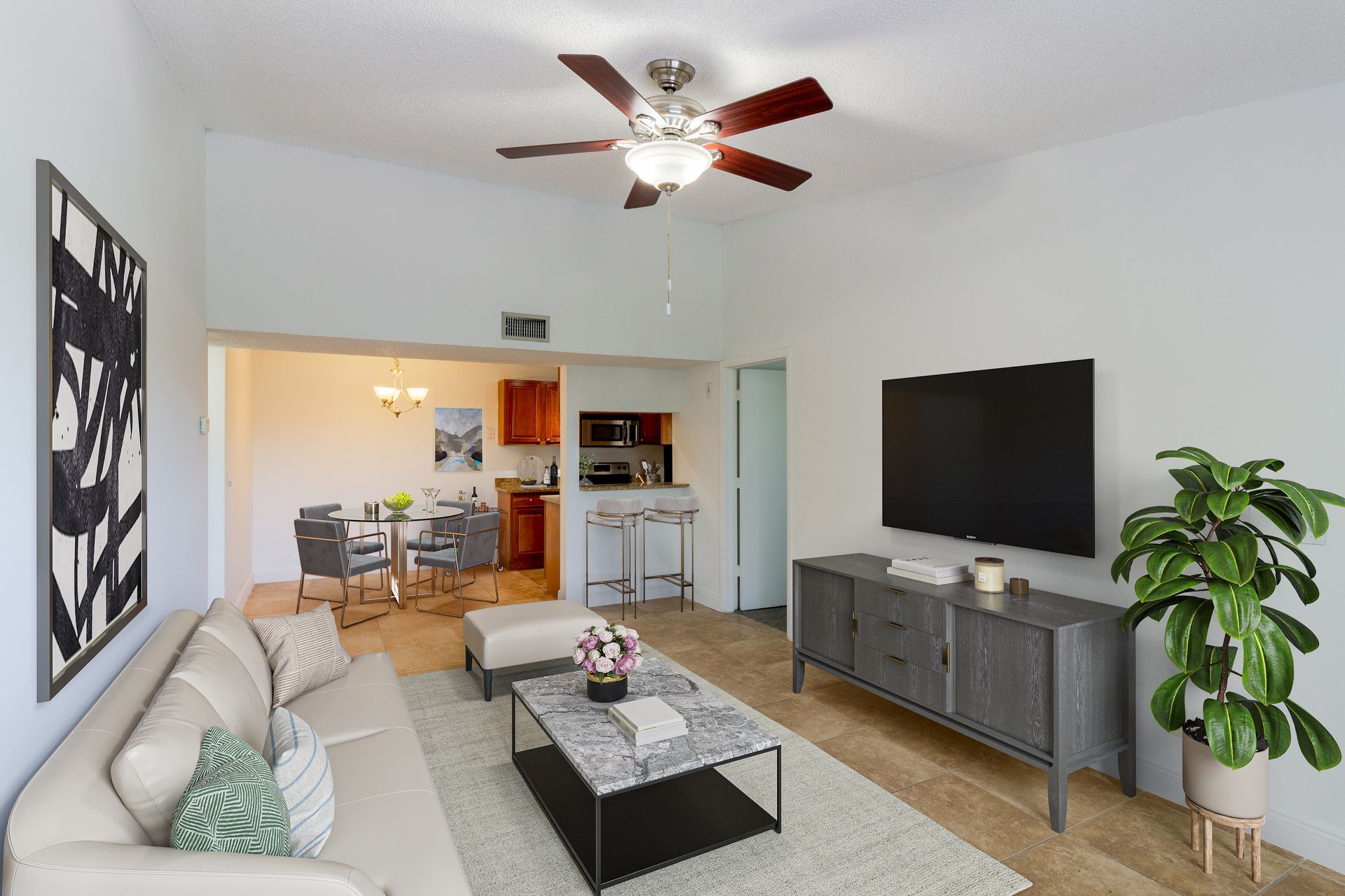 Living room with couch, TV, and dining area. Neutral colors. Plant on the right.