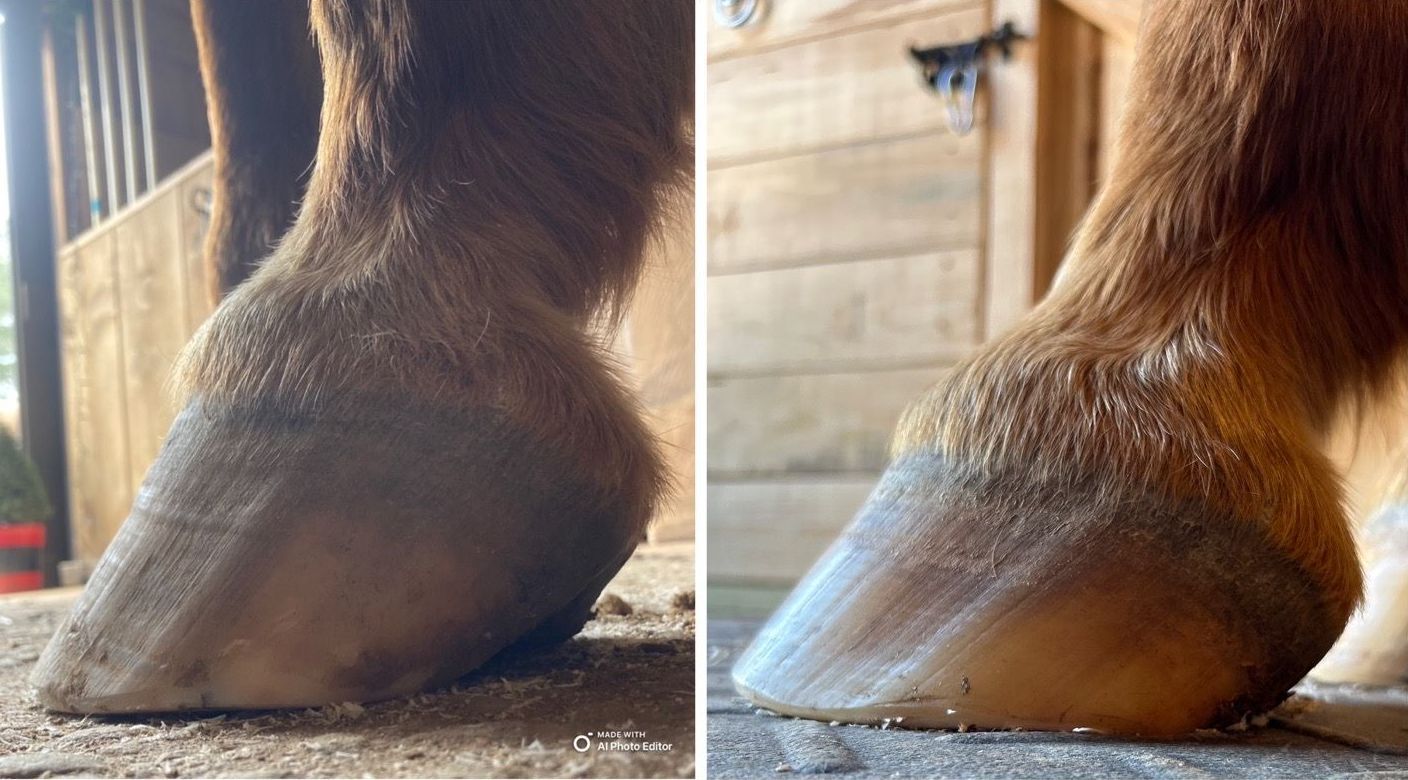 A close up of a horse 's hoof in a stable.