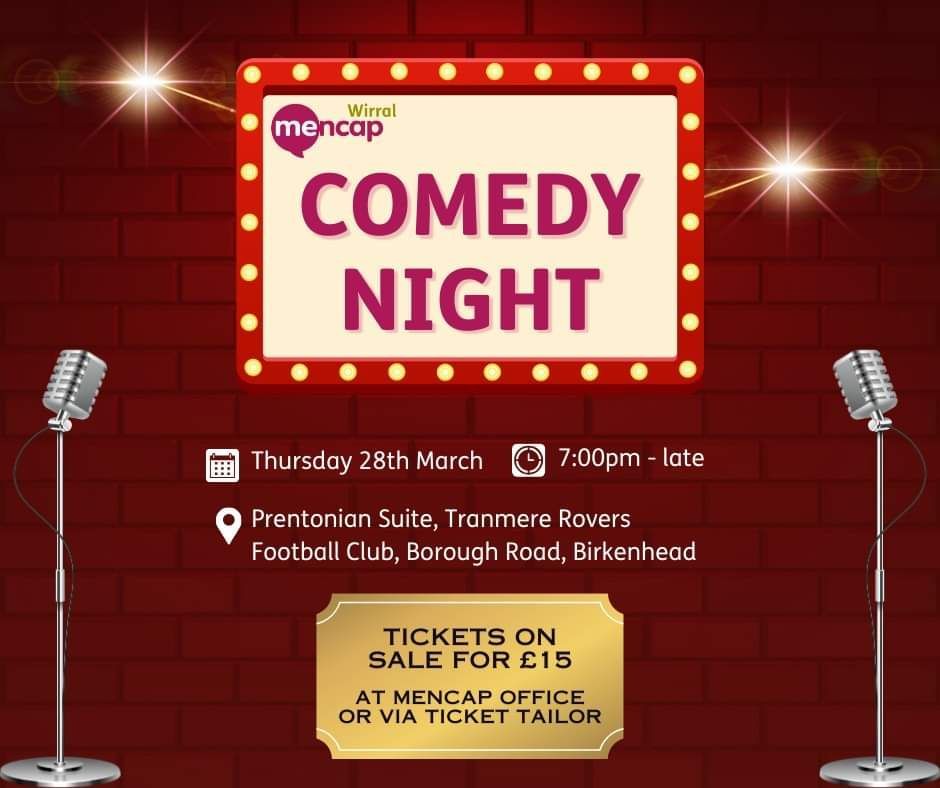 a poster for a comedy night with two microphones in front of a brick wall .