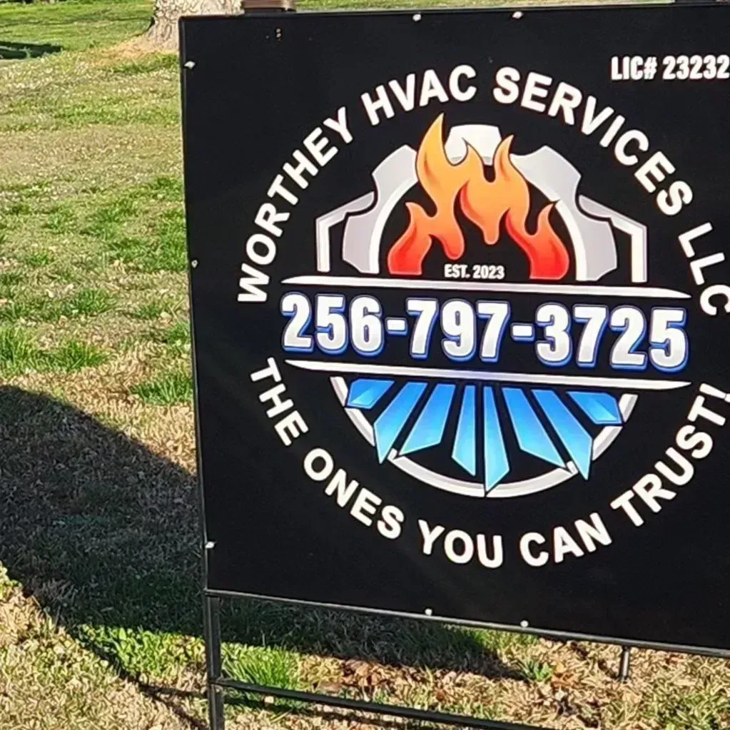 Sign for Worthey HVAC Services, with logo and phone number 256-797-3725.