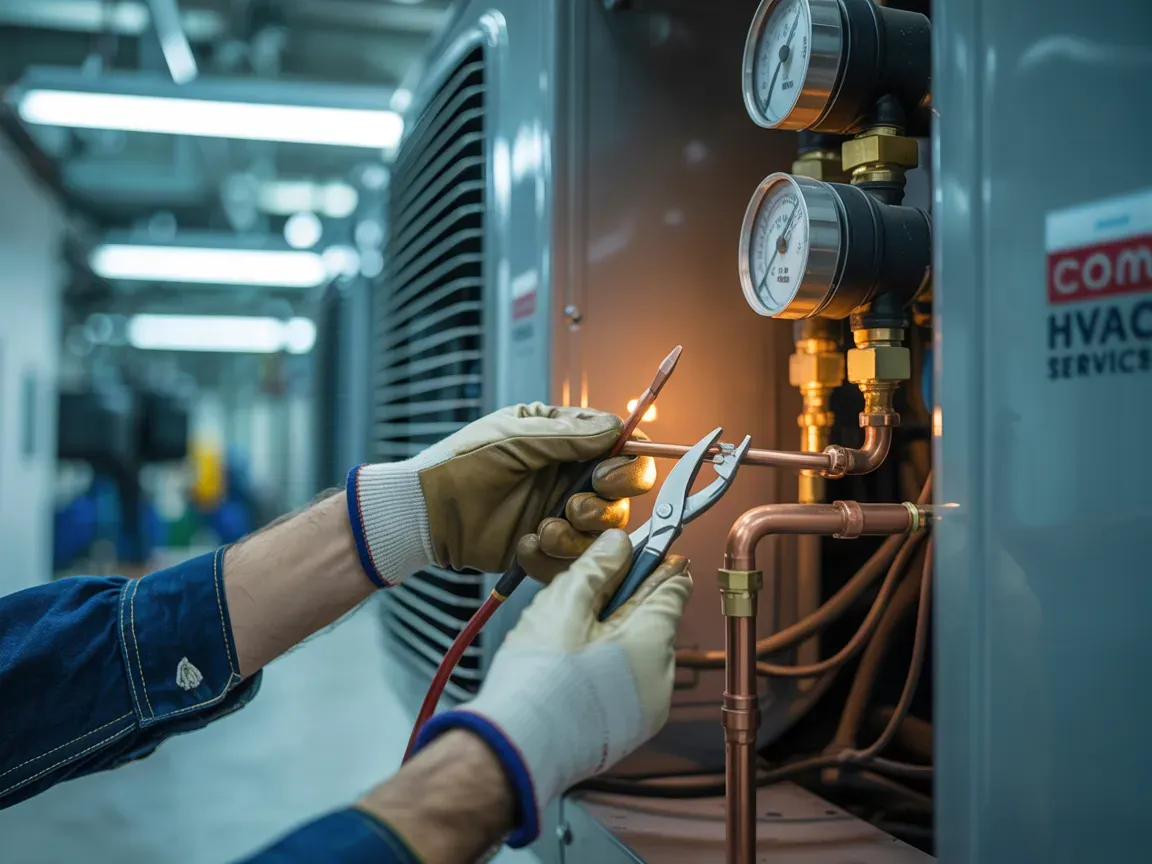 HVAC technician using pliers to repair copper pipes on an air conditioning unit.