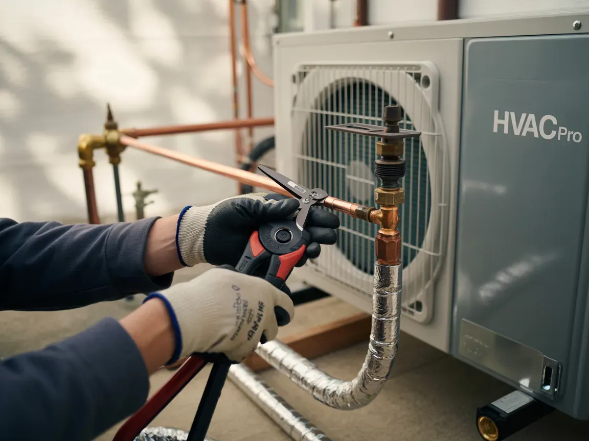 HVAC technician using pliers on copper pipe near an outdoor unit, wearing gloves.