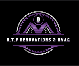 Logo for O.T.F Renovations & HVAC: purple & silver circle with house outline, saw blade edges, and company name.