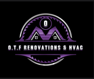 Logo for O.T.F Renovations & HVAC: purple & silver circle with house outline, saw blade edges, and company name.