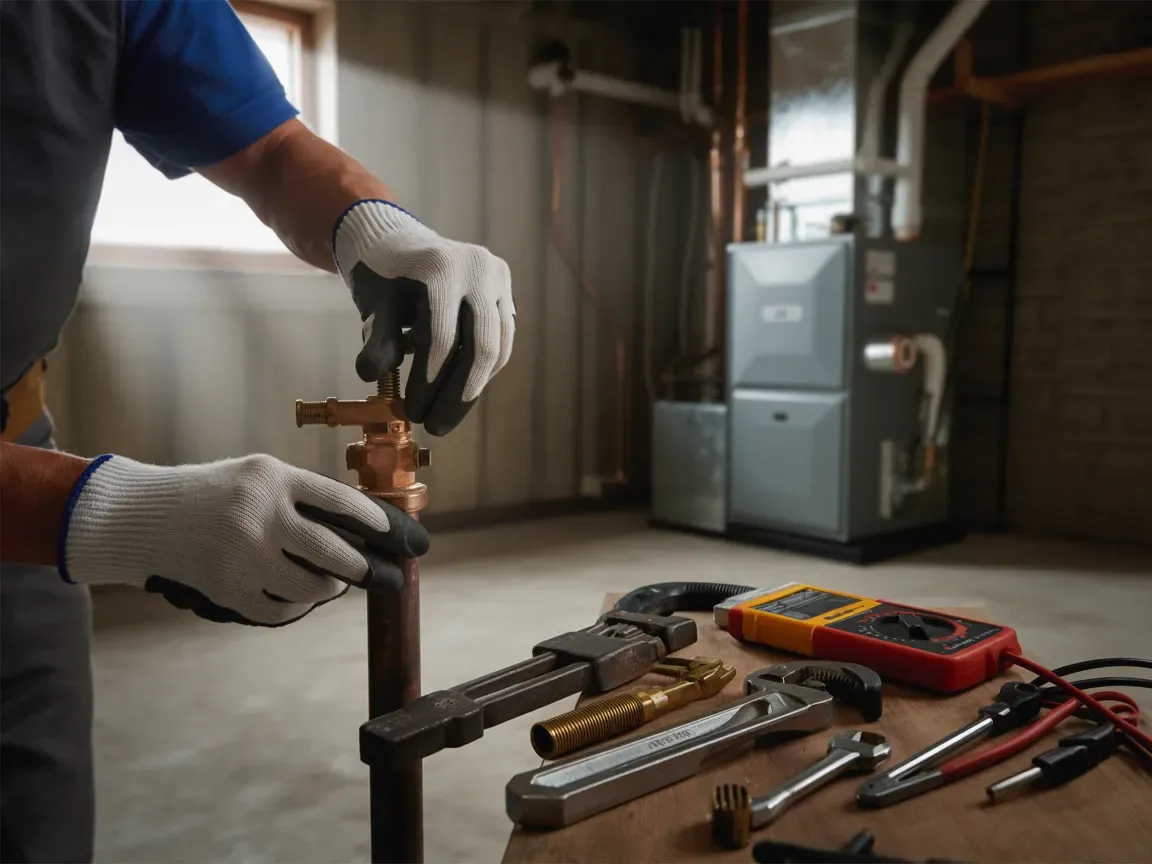 Plumber in gloves fixing pipe, tools laid out in basement near furnace.
