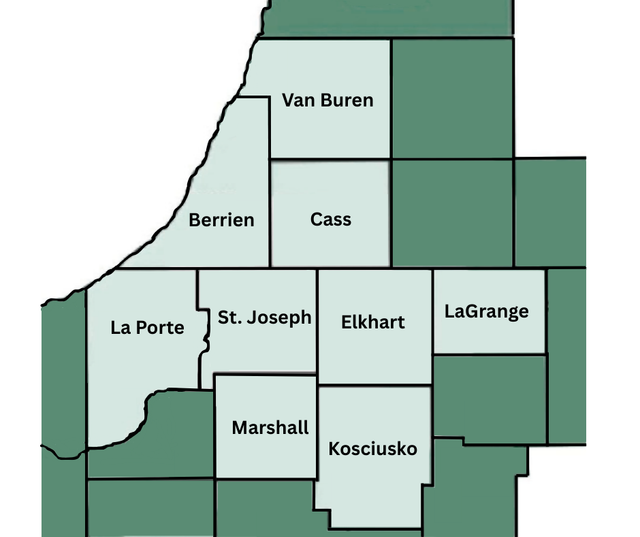 Map of counties in shades of green and white, showing various county shapes and names, including La Porte and Elkhart.
