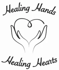 A black and white logo for healing hands and healing hearts.