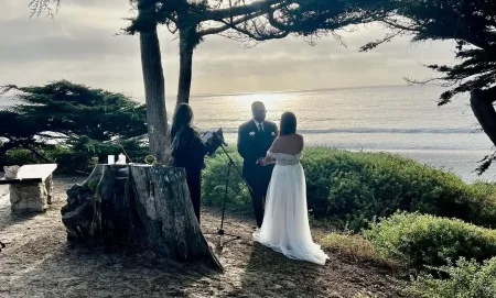 A bride and groom are standing under a tree in front of the ocean.