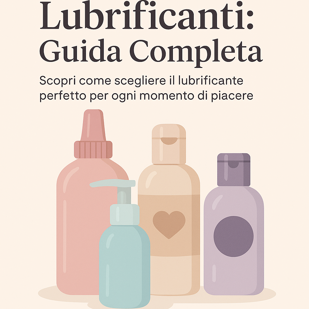 Illustrazione pastello per guida ai lubrificanti del sexy shop, con bottiglie stilizzate e tono eleg