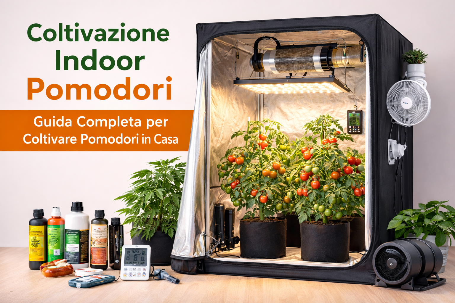 coltivazione indoor pomodori in grow box con lampada LED per coltivazione domestica