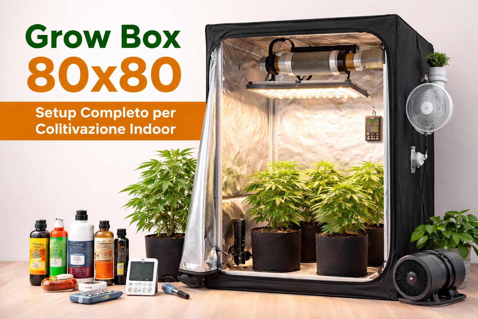 grow box 80x80 con lampada LED, ventilazione e piante per coltivazione indoor in casa