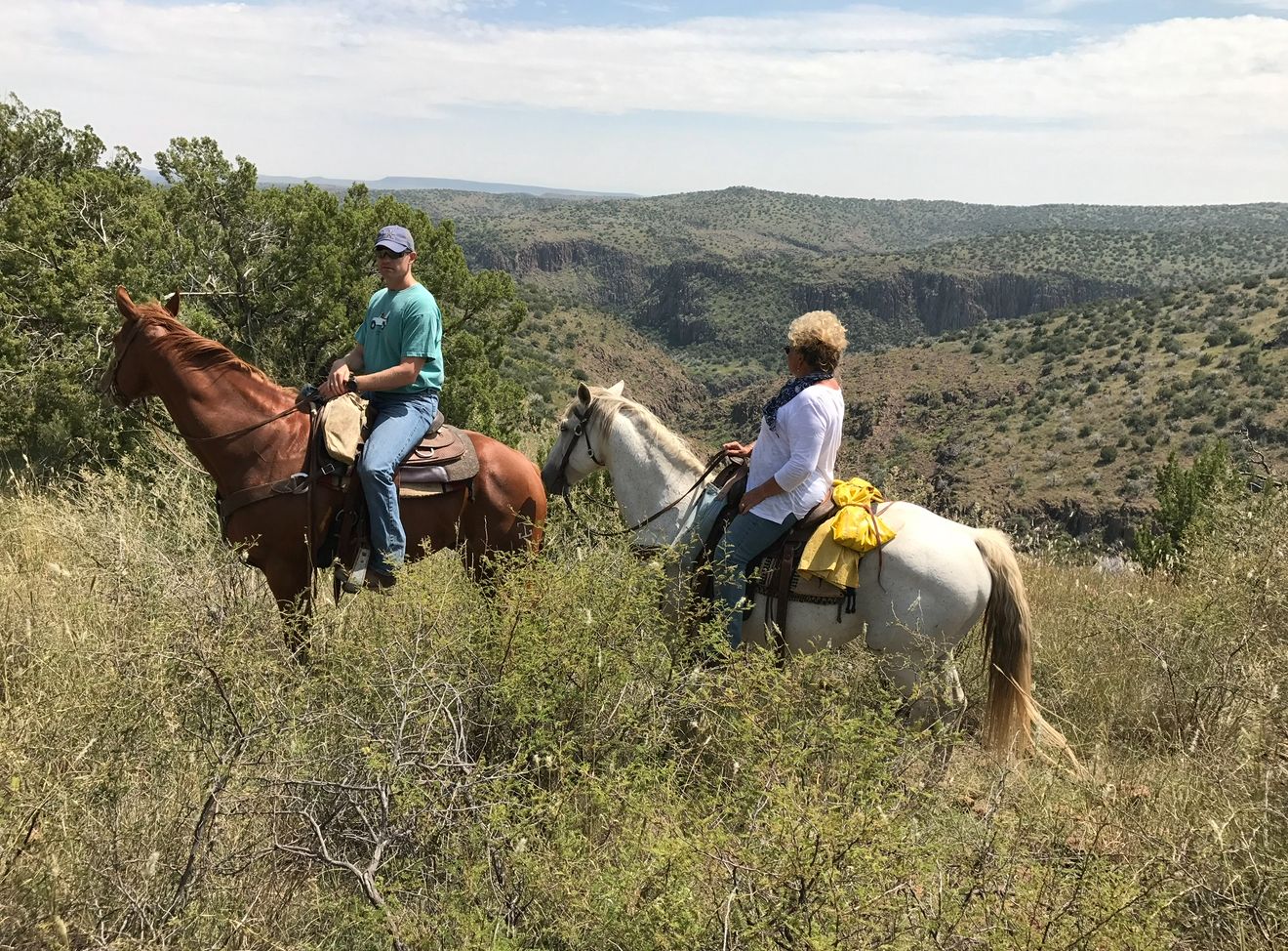 Two people horseback riding on a trail overlooking a valley on a sunny day.