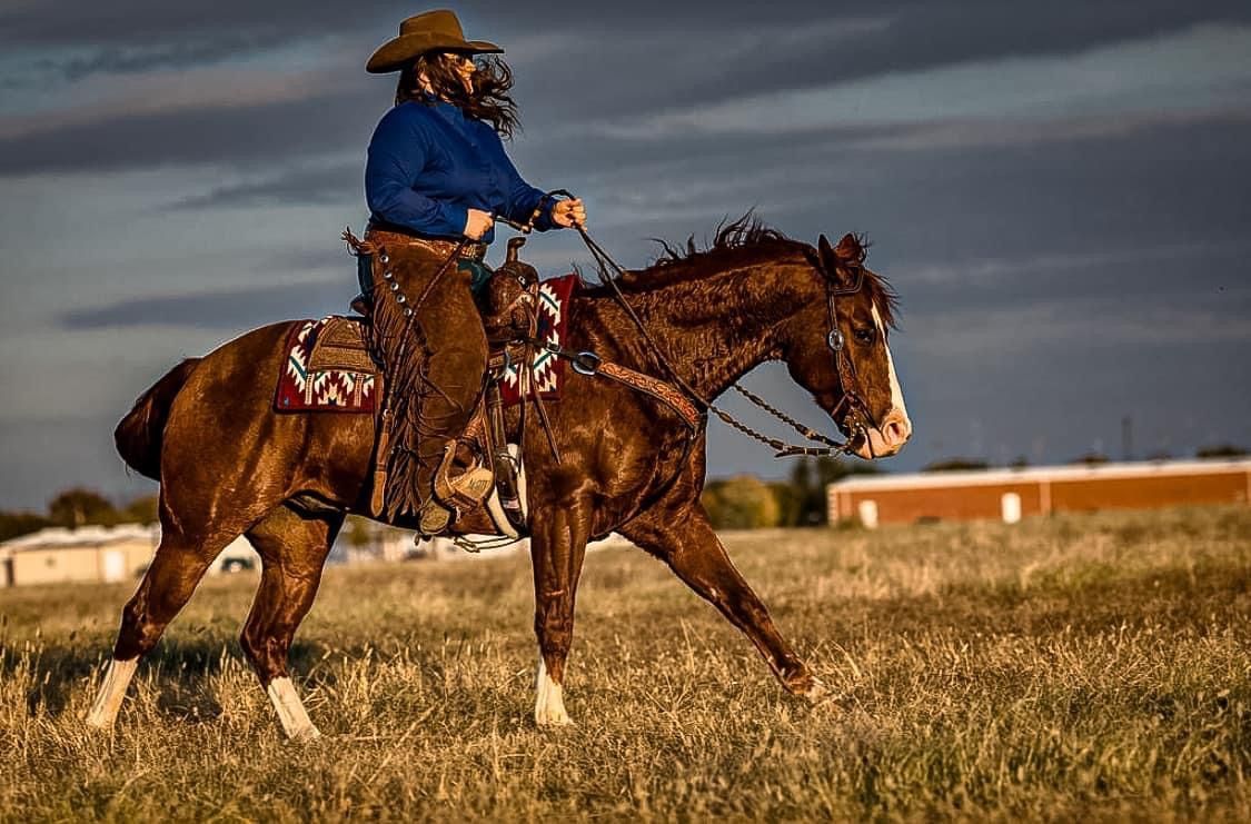 A man is riding a brown horse in a field.