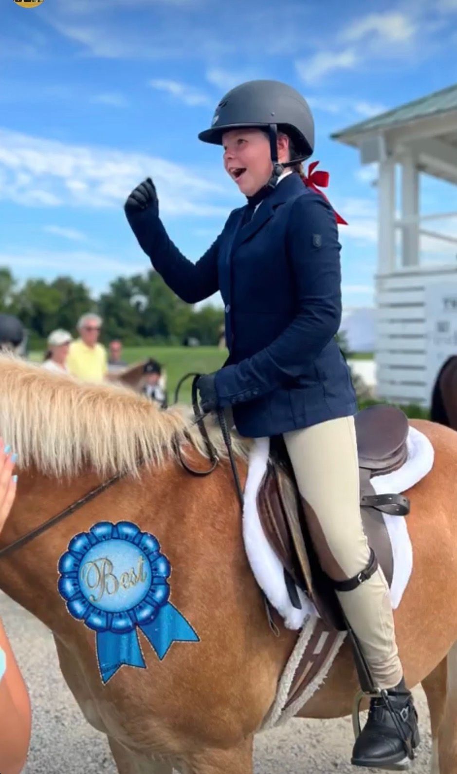 A woman standing next to a horse with ribbons on it