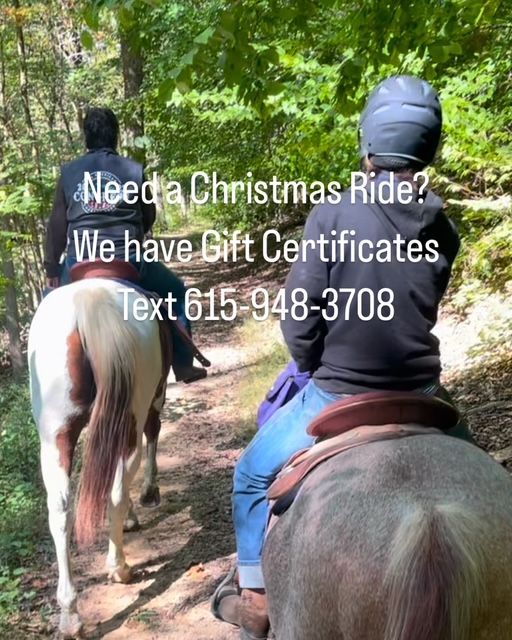 Two people riding horses on a trail; ad for gift certificates. Text: Need a Christmas Ride? Text 615-948-3708.