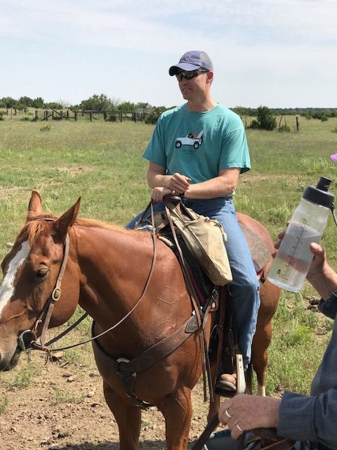 Man on horseback in a field, wearing a blue cap and green shirt. The horse is brown.