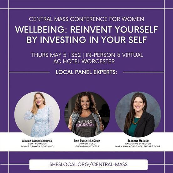 Promotional poster for Central Mass Conference for Women: Wellbeing. Speakers at AC Hotel, Worcester.