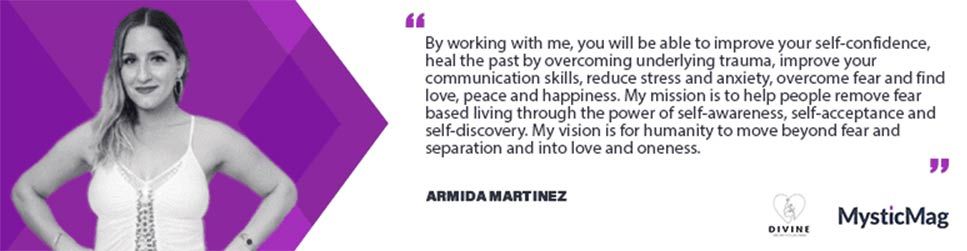 Woman in white top with quote about self-confidence on purple background.