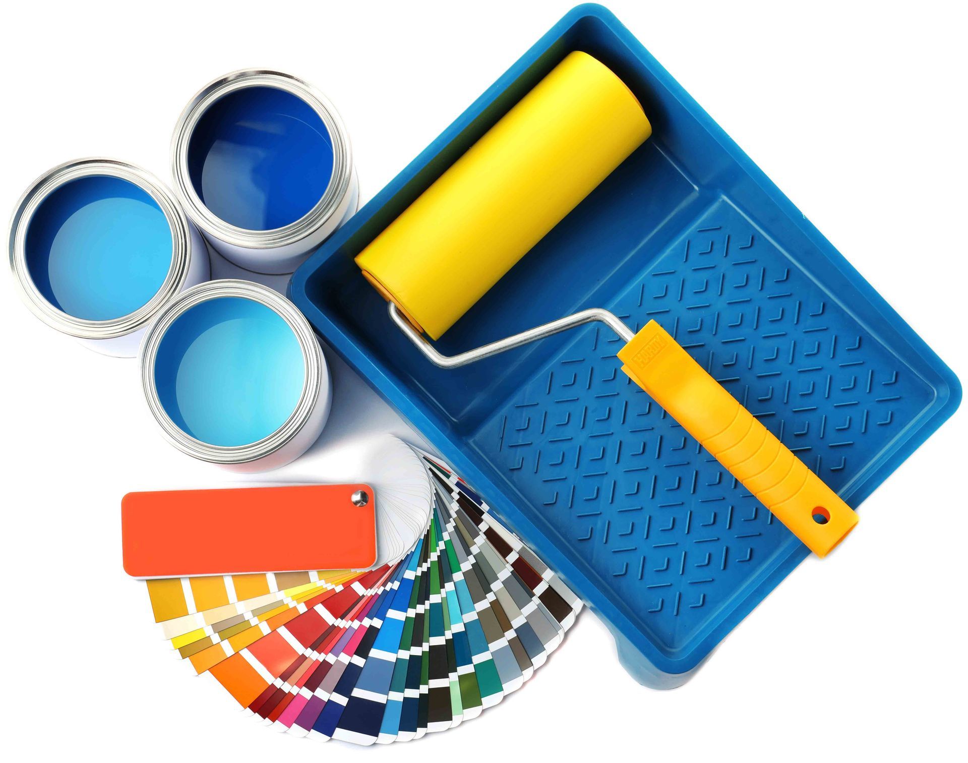 Blue paint cans, a paint tray with a yellow roller, and a colorful fan-shaped paint swatch palette on a white background.