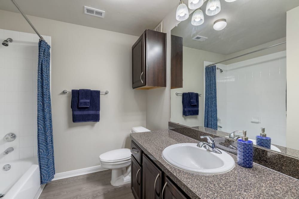 Modern bathroom interior with a shower-bathtub combo, closed white toilet, and vanity. The vanity features a sink with a speckled countertop, wood cabinets, and a large mirror above extending to the ceiling. Coordinated blue accents are seen in the shower curtain, bath towels, and decorative soap dispenser set at Brooks on Preston in Plano, TX.