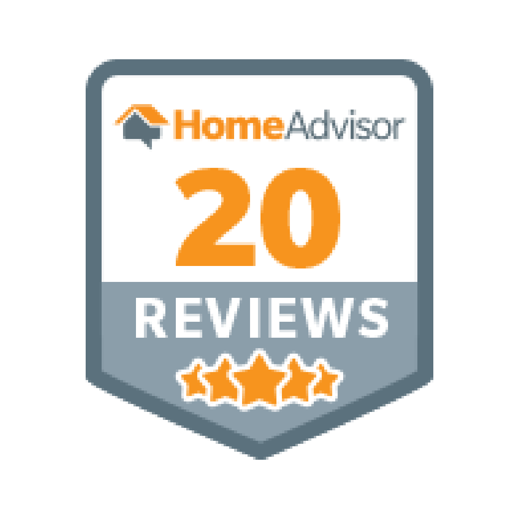 HomeAdvisor badge: 20 reviews, orange stars, logo, and text on a gray, white, and orange background.