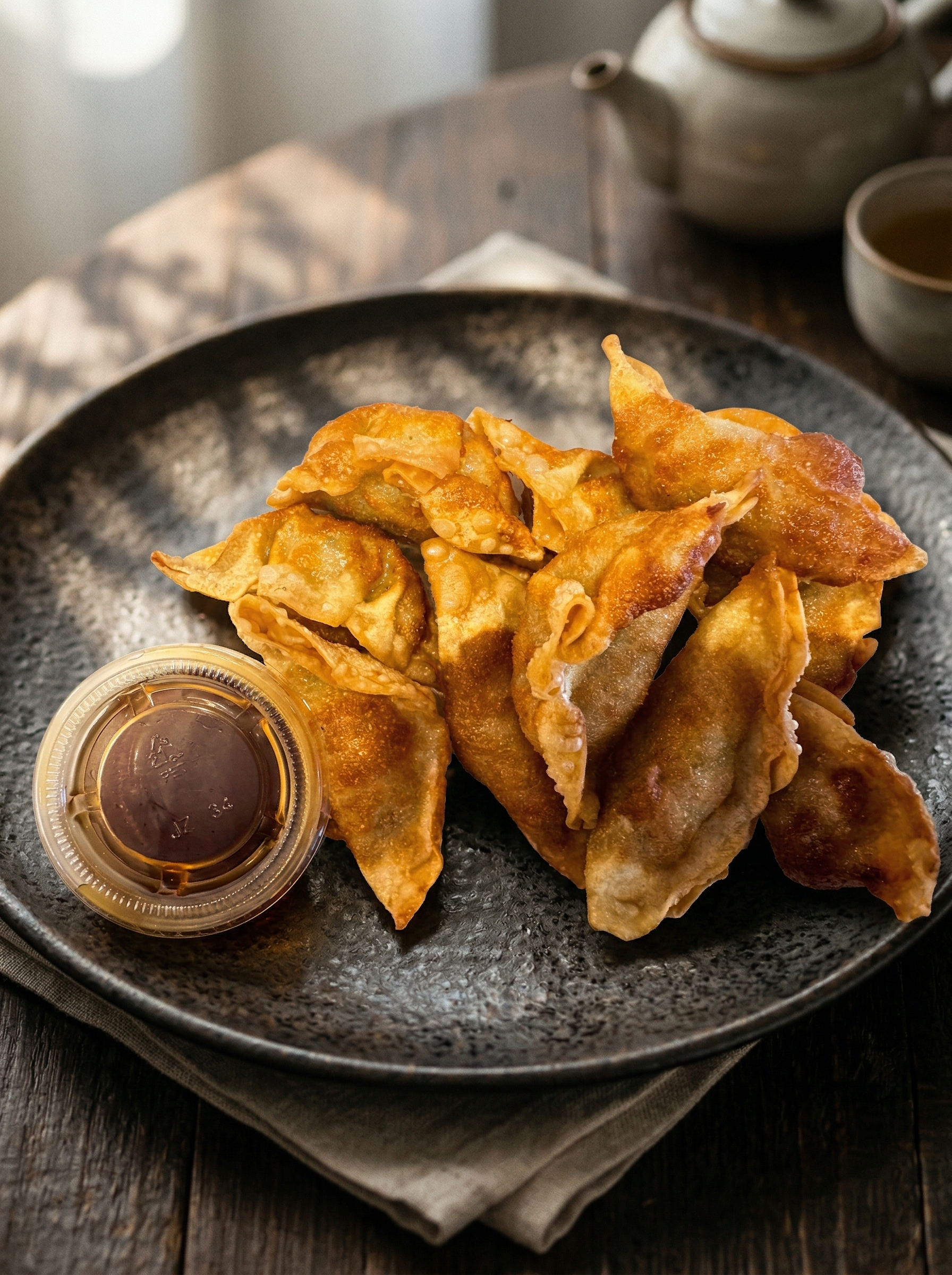 A plate of golden-brown fried dumplings served with a small cup of dipping sauce on a wooden table with a teapot.