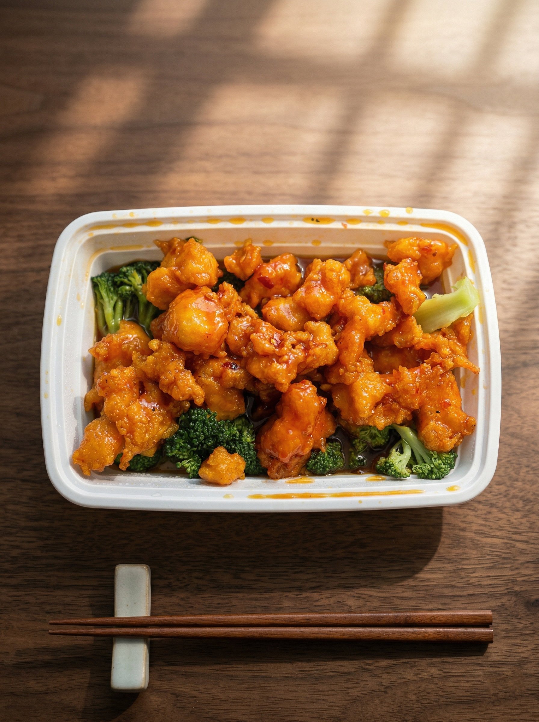 A rectangular takeout container filled with orange-glazed chicken and broccoli sits on a wooden table beside chopsticks.