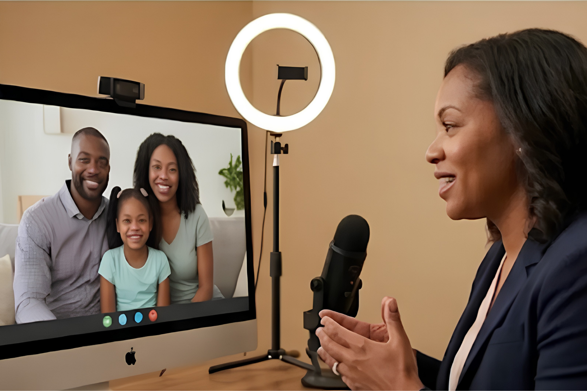 Woman speaking into a microphone during a video call with a smiling family on a desktop monitor.