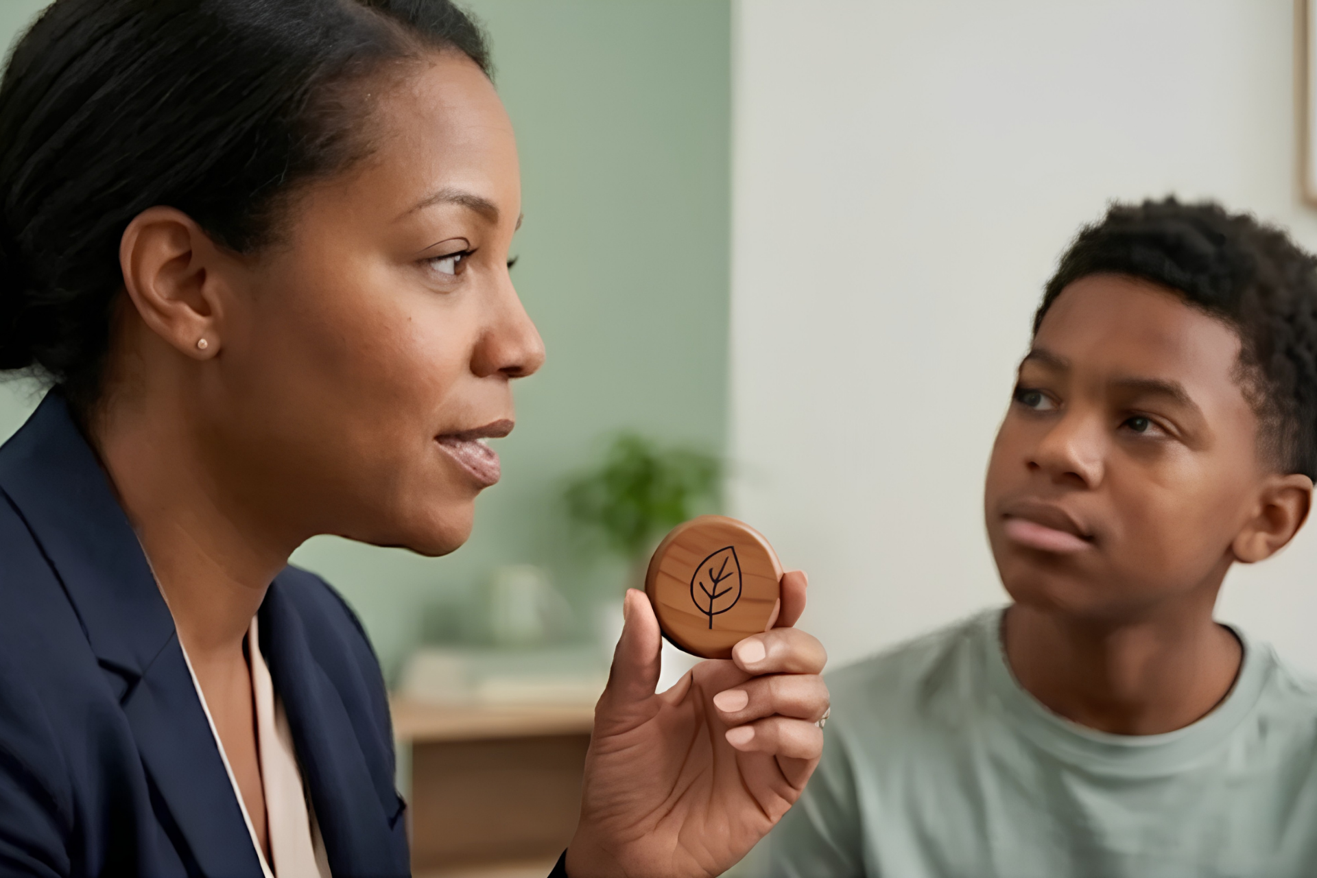 Woman showing a coin to a boy in a classroom, both looking at it attentively.