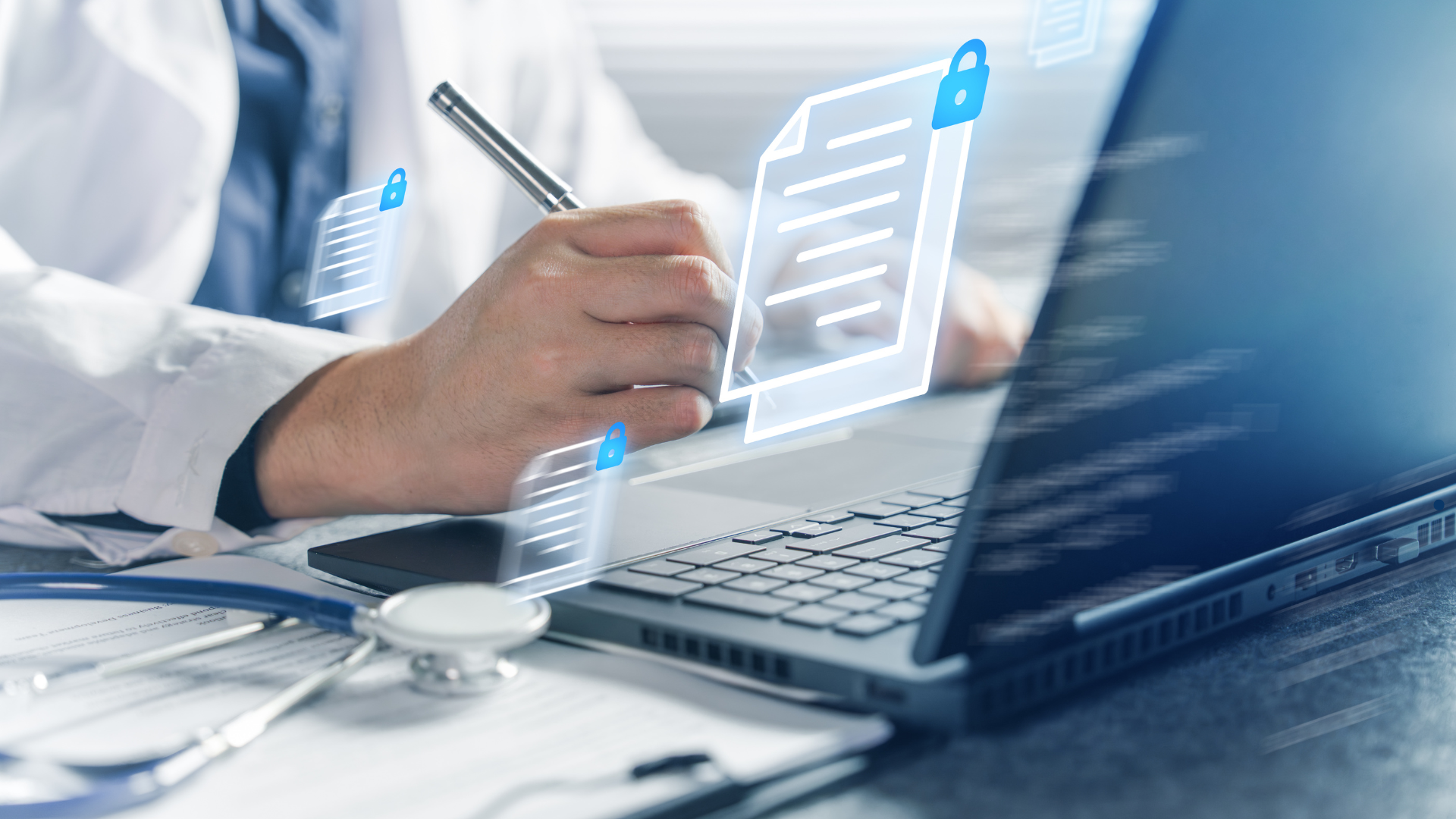 Doctor writing notes while using a laptop for online psychiatric medication management, with digital