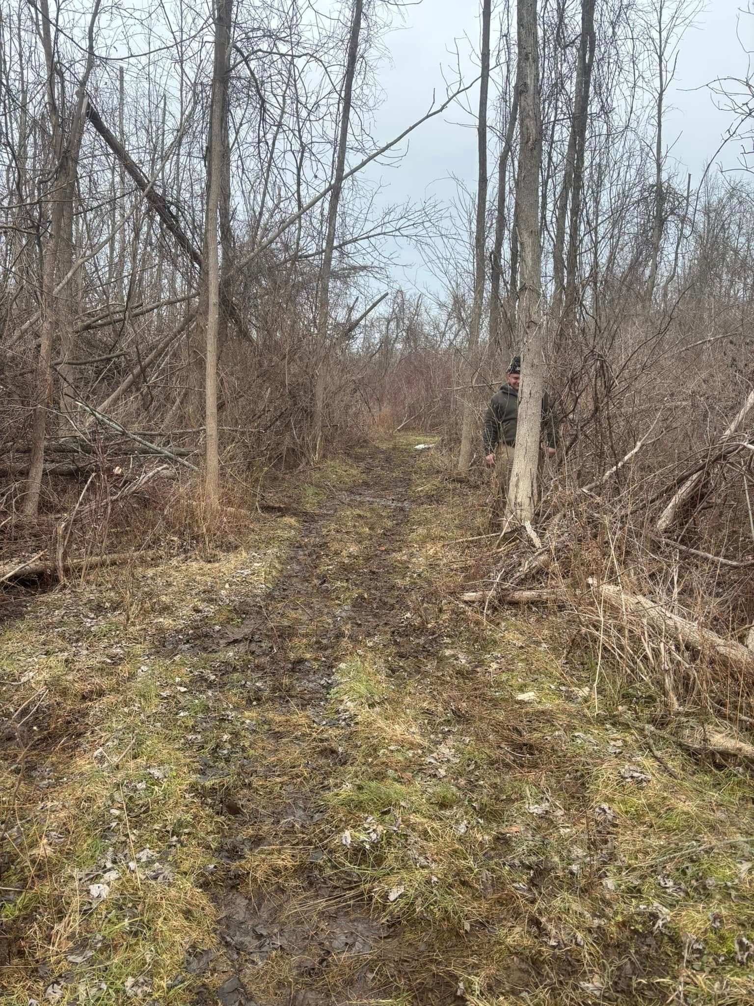 A muddy dirt path leads through a wooded area with bare trees and fallen branches under an overcast sky.