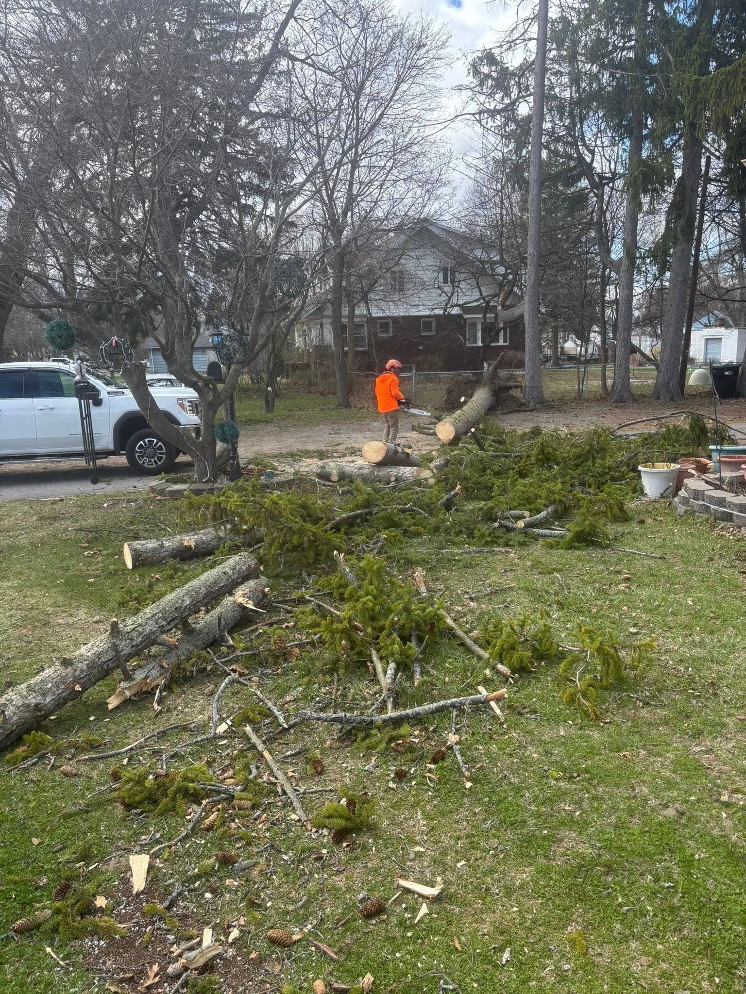 A person in a bright orange jacket uses a chainsaw to cut a downed tree limb in a residential yard.