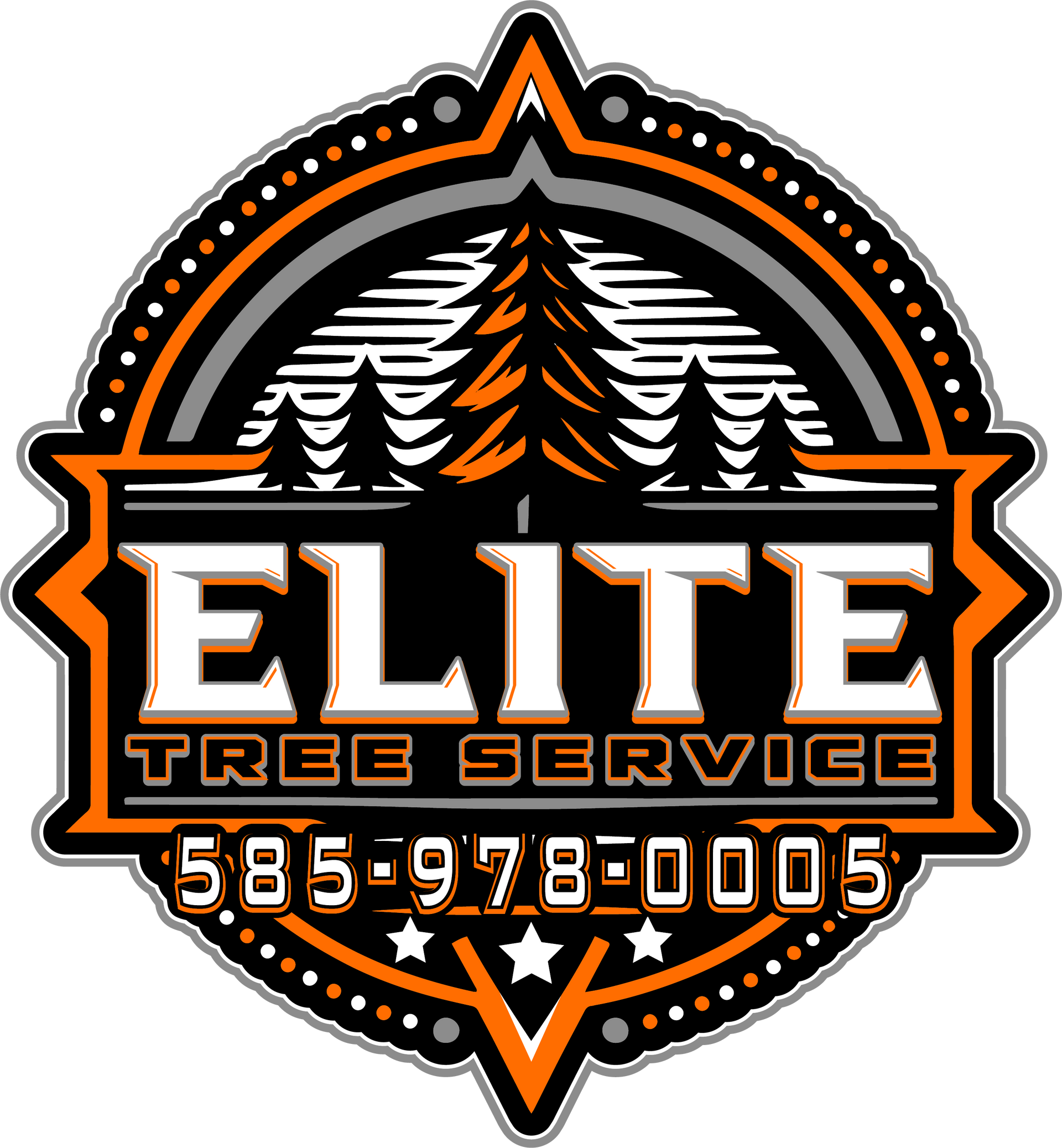 Logo for Elite Tree Service featuring a pine tree graphic in orange and black with the phone number 585-978-0005.