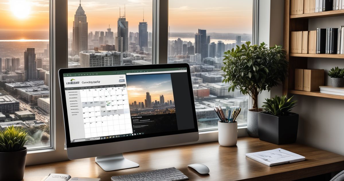 A computer is sitting on a desk in front of a window.