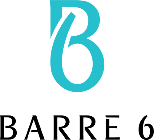 the logo for barre 6 has a blue letter b on a white background .