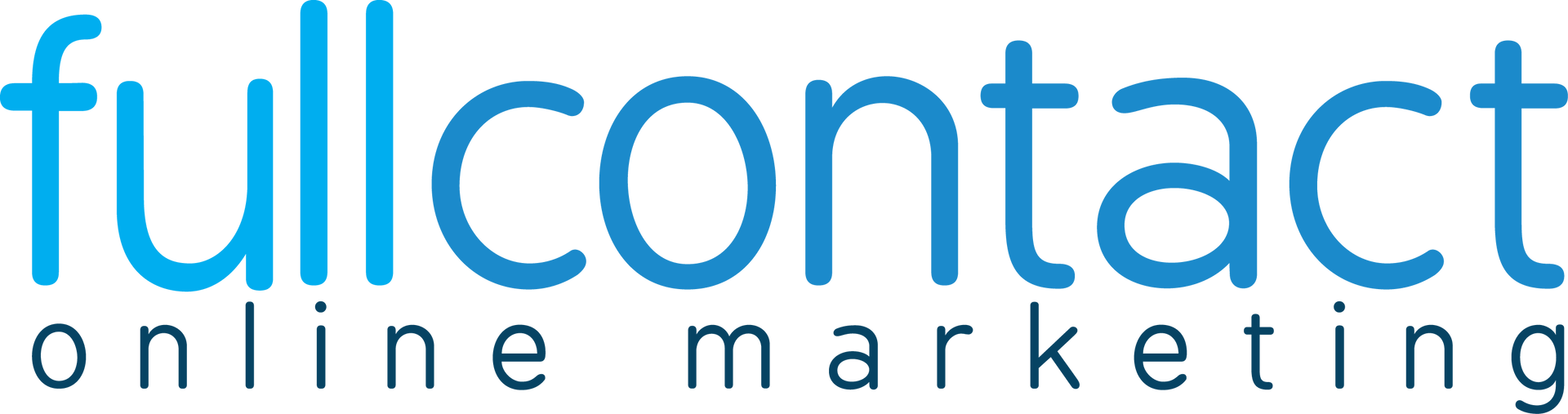 A blue and white logo for full contact online marketing