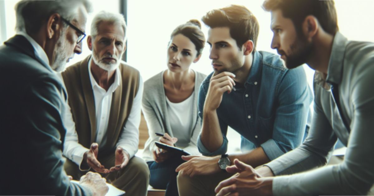 A group of people are sitting around a table having a meeting.