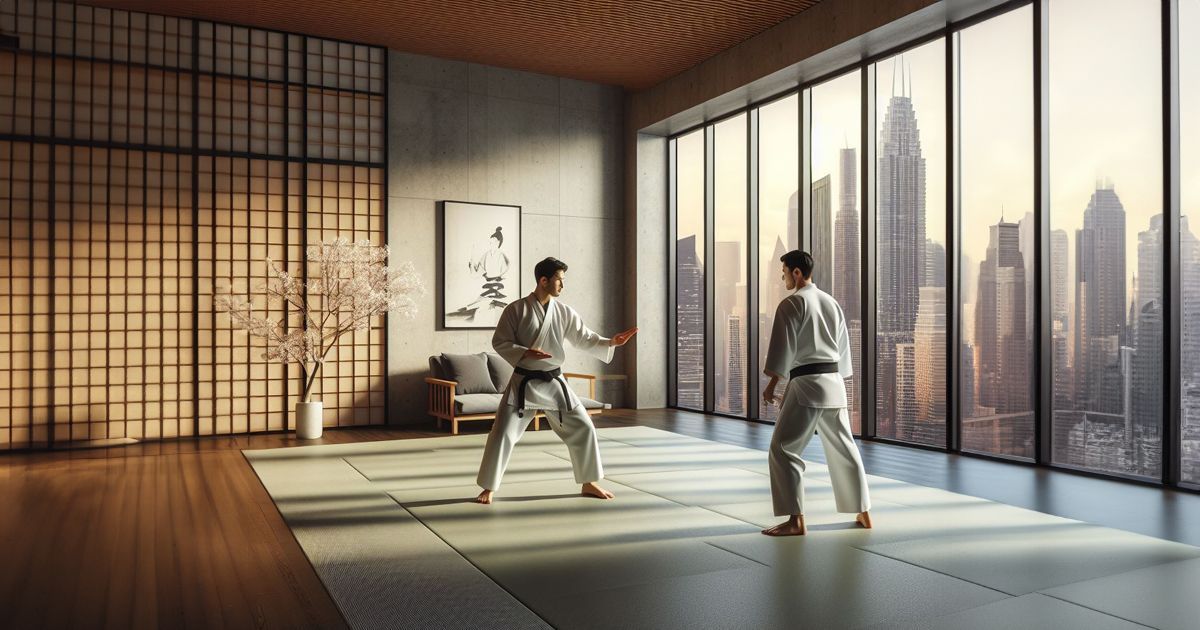 Two men are practicing karate in a worthless room with a lot of windows.