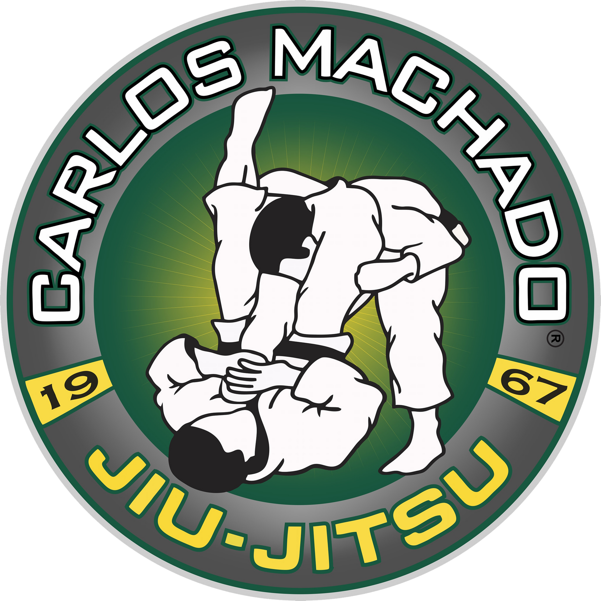 the logo for carlos machado jiu-jitsu shows two men wrestling