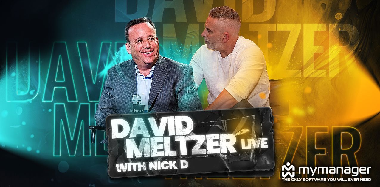 Two men are sitting at a table with a sign that says david meltzer live with nick d