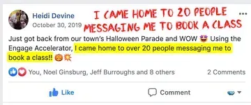 A facebook post that says i came home to 20 people messaging me to book a class