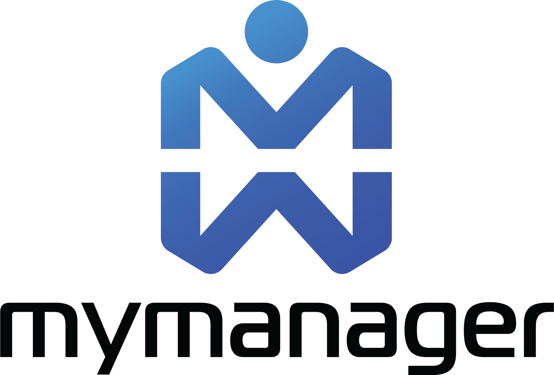 a logo for mymanager with a blue m on a white background