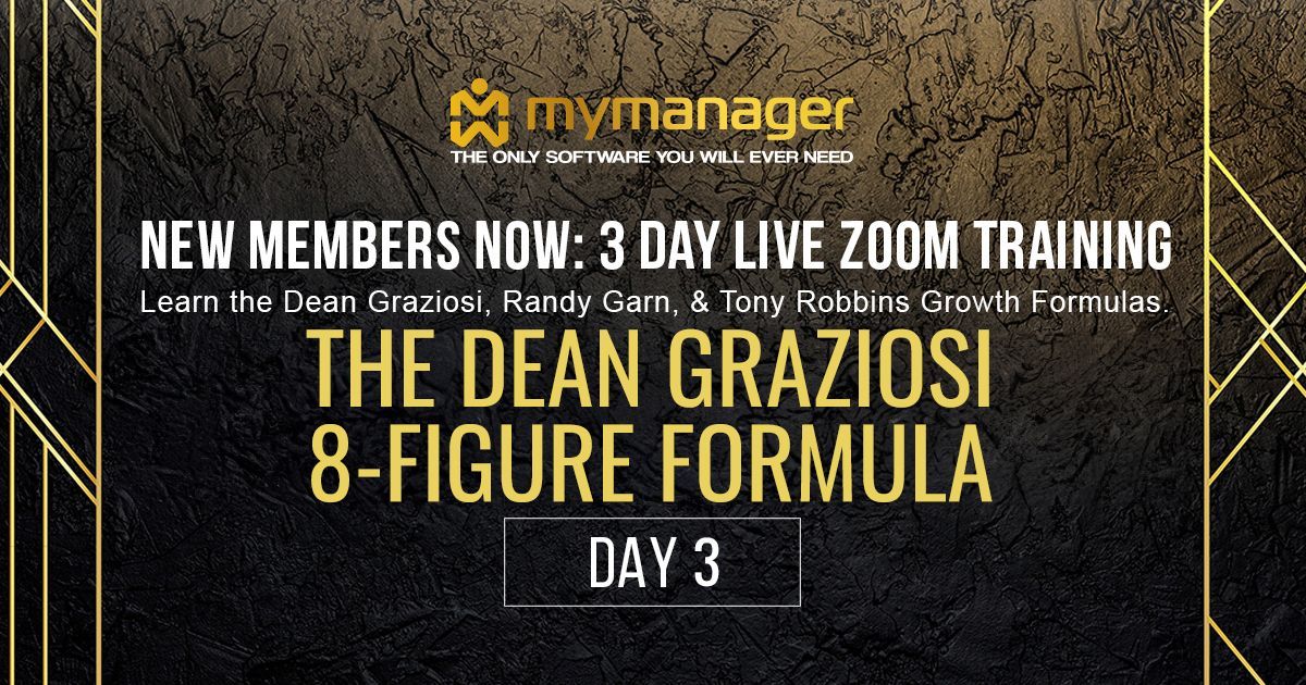 A poster for a 3 day live zoom training called the dean graziosi 8 figure formula