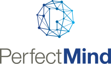 the perfect mind logo is a blue geometric shape with lines and dots .