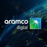 Aramco Digital logo with text and Saudi Aramco emblem against a digital globe background.